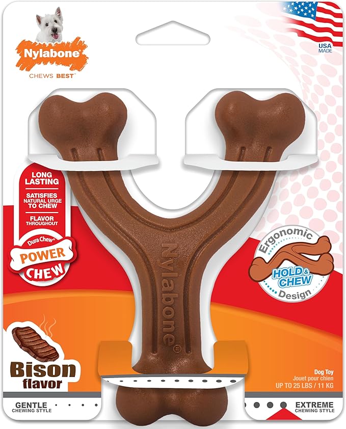 Nylabone Ergonomic Hold Wishbone Power Chew Toy for Dogs, Dog Toys for Aggressive Chewers, Bison Flavor, Small - Up to 25 Ibs, 1 Count