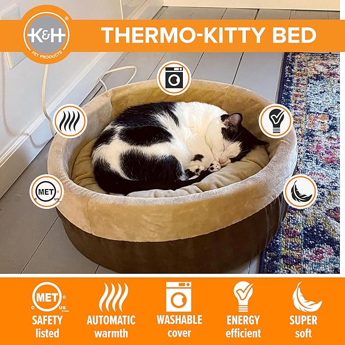 K&H Pet Products Thermo-Kitty Bed Heated Cat Bed for Indoor Cats , Electric Warming Bed for Cats and Small Dogs, Washable Thermal Plush Calming Round Pet Bed - Small 16" Mocha/Tan