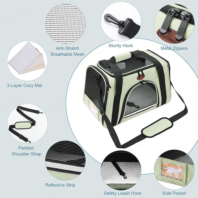 Cat Carrier Dog Carrier Pet Carriers for Medium Small Cats Dogs Puppies up to 15 Lbs,TSA Airline Approved Small Dog Cat Carriers Soft Sided,Collapsible Travel Puppy Carrier (Green, Large)