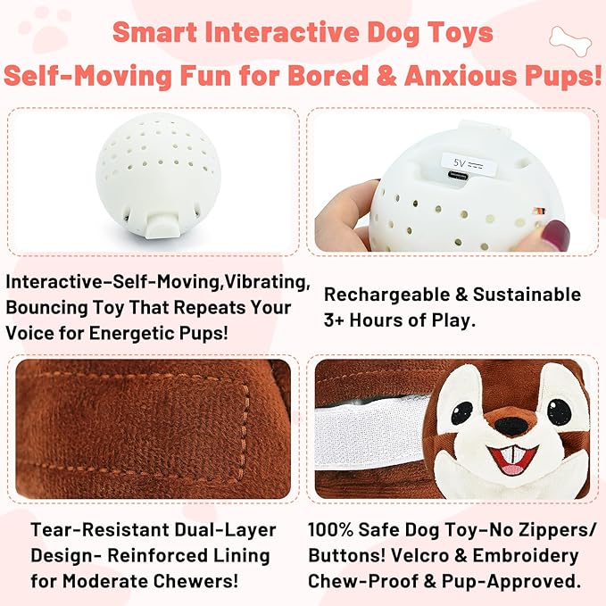 Interactive Dog Toys - Auto Bounce, Move & Vibrate with Sound, Talking Squirrel Puppy Toy for Small Medium Large Dogs, Rechargeable Durable Toy for Anxiety Relief, Boredom & Indoor Play