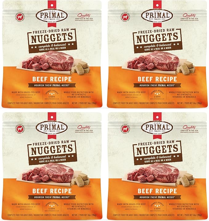 Primal Freeze Dried Dog Food Nuggets, Beef; Complete & Balanced Meal; Also Use as Topper or Treat; Premium, Healthy, Grain Free, High Protein Raw Dog Food, 14 oz (Pack of 4)