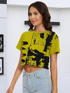 Womens Summer Crop Tops Short Sleeve Round Neck T-Shirts Loose Fit Casual Blouse