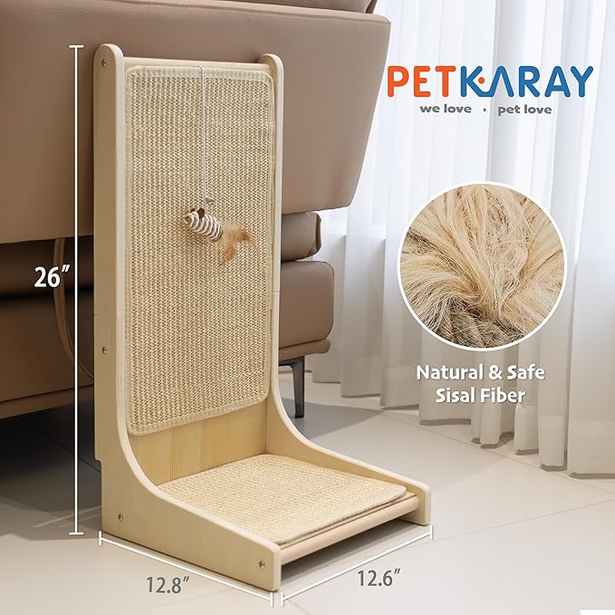PETKARAY Sisal Cat Scratcher, Upright Cat Scratch Pad Wall Mounted, Vertical Scratching Post Alternative, L Shape Scratching Board 90°