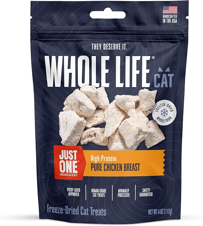 Whole Life Cat Just One Chicken Freeze Dried Cat Treats - Human Grade High Protein Food, Healthy Training Snacks, Freeze Dried Chicken Food Toppers, USA Made Natural Treats - 4 oz (Pack of 1)