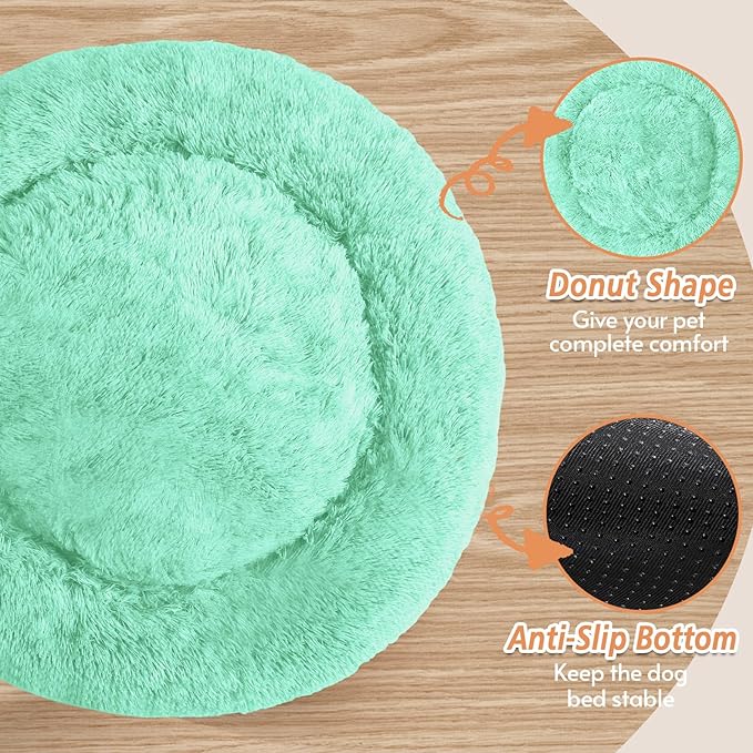 JOLLYVOGUE Calming Dog & Cat Bed for Large Dogs, Anti-Anxiety Donut Cuddler Cozy Soft Round Bed with Anti-Slip Bottom, Fluffy Faux Fur Plush Cushion Beds for Medium Dogs (36")