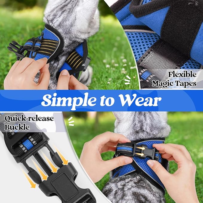 rabbitgoo Cat Harness and Leash Set for Walking Escape Proof, Adjustable Soft Kittens Vest with Reflective Strip for Cats, Comfortable Outdoor Vest,Blue,L