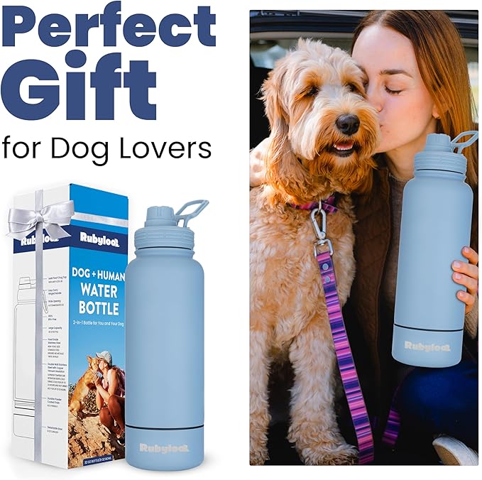 Dog Water Bottle for Dog Lovers - 32 oz Stainless Steel Double Wall Insulated Water Bottle with 8 oz Detachable Bowl on Bottom - Gift for Doggy Lovers for Hiking, Walks, Travel - Dusty Blue