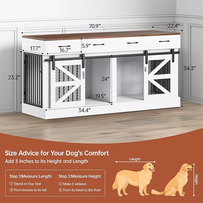 71" Large Dog Crate for 1 or 2 Dogs, Indoor Wooden Dog Cage with Removable Divider & 4 Storage Drawers - Heavy Duty Dog Kennel Furniture, Multi-Functional Pet Crates for Large/Medium Dogs,TV Stand