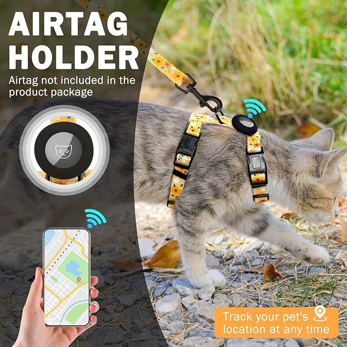 SCENEREAL Adjustable Cat Harness and Leash Set with AirTag Holder, Escape-Proof Design for Small to Large Cats, Lightweight Soft Travel Harness, Yellow Floral