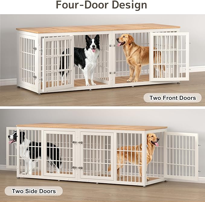 78 Inch Double Dog Crate Furniture, Heavy Duty Extra Large Cage Furniture with Divider for 2 Dogs, Decorative Wooden Kennel Indoor, Pet House for Large and Medium Dogs, White