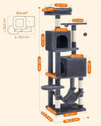 Feandrea Cat Tree, 61-Inch Cat Tower for Indoor Cats, Plush Multi-Level Cat Condo with 5 Scratching Posts, 2 Perches, 2 Caves, Hammock, 2 Pompoms, Smoky Gray UPCT192G01