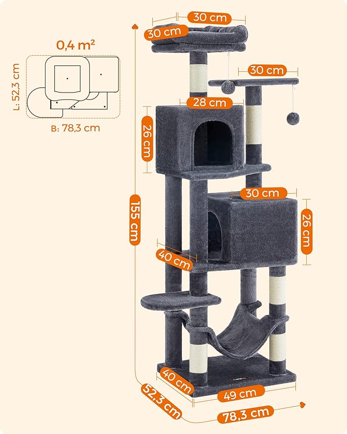 Feandrea Cat Tree, 61-Inch Cat Tower for Indoor Cats, Plush Multi-Level Cat Condo with 5 Scratching Posts, 2 Perches, 2 Caves, Hammock, 2 Pompoms, Smoky Gray UPCT192G01