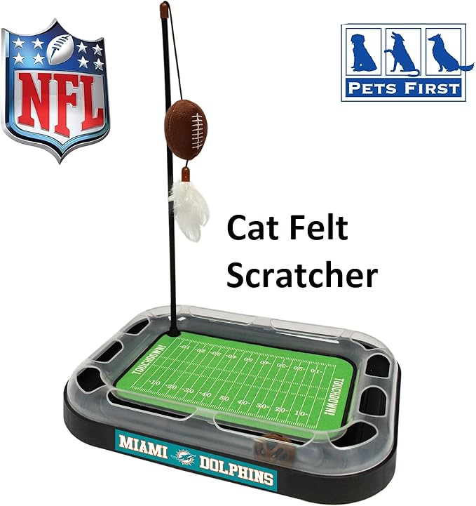 Cat Football Field NFL MIAMI DOLPHINS FOOTBALL FIELD CAT SCRATCHER TOY with CATNIP Filled Plush FOOTBALL Toy & Feather Cat Toy hanging, with Jingle Bell INTERACTIVE BALL Cat Chasing 5-in-1 KITTY Toy