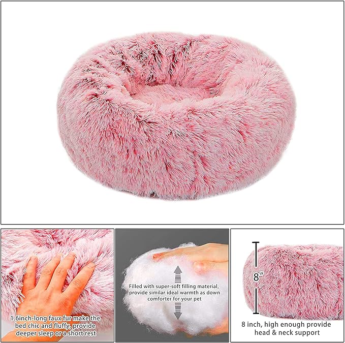Calming Donut Dog Bed Large, Plush Round Cuddler Dog & Cat Bed, Anit-Anxiety Marshmellow Fluffy Faux Fur Cushion(28", Pink)