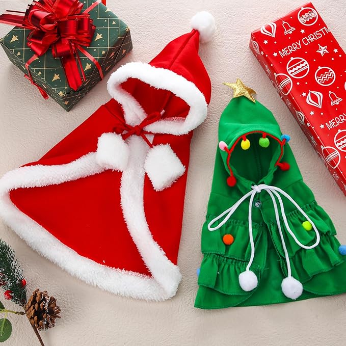 2 Pcs Pet Christmas Costume, Dogs Cats Cape with Hat Santa Claus Cloak and Xmas Tree Cloak with Star and Pompoms, for Dogs Cats Pet Puppy Santa Gifts Christmas Outfit(Large)