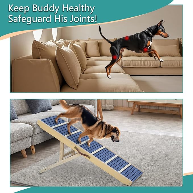 Dog Ramp for Bed, Upgraded 46.8" Long Portable Dog Ramp for Couch, Wood Folding Pet Ramp for All Breeds Large Old Dogs to Get on Bed, 5 Adjustable Heights 14.8" to 26.2" (Wood, Up to 150lbs)