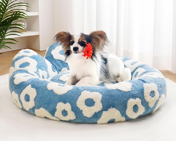 Round Dog Bed for Small Dogs & Cats -Washable Dount Cute Cat Bed for Indoor Cats, Orthopedic Sherpa Fleece Soft Cozy Calming Pet Bed with Removable Zipper Cover (Blue, (23x23x8inches))
