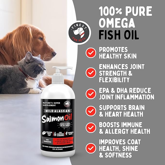 Wild Alaskan Salmon Oil for Dogs & Cats - Omega 3 Fish Oil with Pollock & Salmon for Sensitive Skin & Coat Health. EPA & DHA Ease Itching, Supports Joint, Immune & Heart Health (16oz)