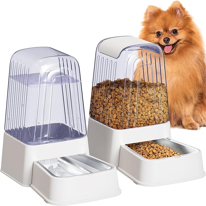Automatic Dog and Cat Food Feeder and Water Dispenser Set with Stainless Steel Bowls,Gravity Pet Food and Water Feeders,100% BPA-Free,Large Capacity for Cats Dogs Pets…(5L White)