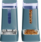 Cat Food Dispenser and Cat Water Dispenser Set with Stainless Steel Bowls Gravity Dog Feeder for Small Medium Big Cat Dog Pet Puppy Kitten, 1 Gallon x 2