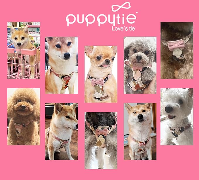 Puppytie No Pull Small Dog Harness with Multifunction Dog Leash,Lightweight Soft Adjustable No Choke Escape Proof Pet Harness Vest Pet Harness Vest,Suede Bow Pink,S
