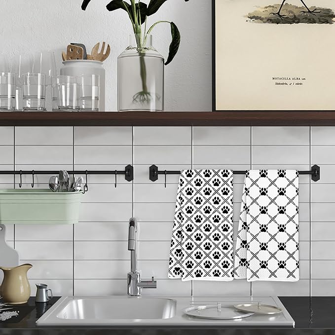 Black and White Diamond Dog Paw Kitchen Towels, Dog Lover Mom Gifts Dish Tea Towels for Kitchen Decor, Puppy Pet Lover Gifts Hand Towels for Bathroom Decor, 16x24 Inch Set of 2