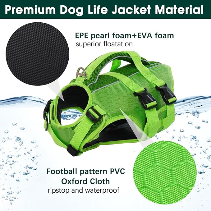 Kuoser Dog Life Jacket High Flotation, Reflective Dogs Life Vest for Swimming Boating, Adjustable Small Medium Large Dog lifejacket, Lightweight Dogs Life Preserver Rescue Handle Spring Summer Pool
