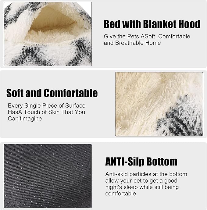 HYQ Small Dog Bed with Cover Cave, Cozy Cat Cave Bed, Round Puppy Bed with Hooded Cover, Cat Beds for Indoor Cats Washable, Dog Beds for Small Dogs with Anti-Slip Bottom (Grey-White, 24×24 Inch)