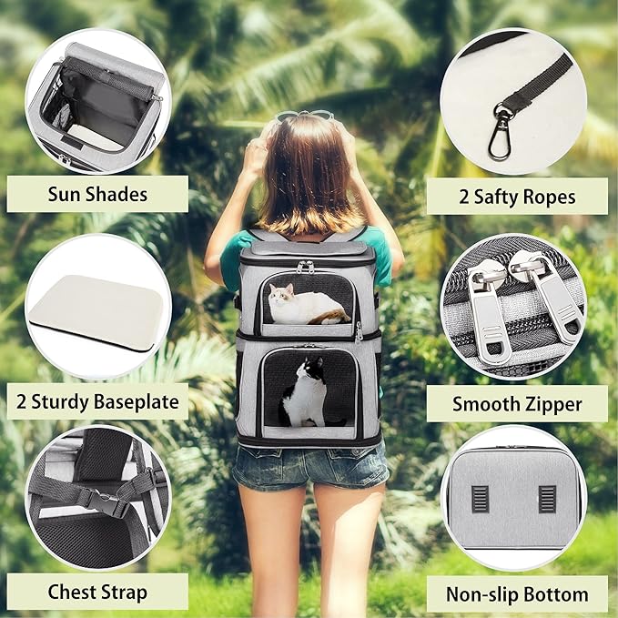 Double Cat Carrier, Cat Backpack Carrier for 2 Cats, Multi Dog Backpack, Two Cat Carrier with 7 Ventilation Windows, Built-in Frame and Support Plate, Safety Straps, Collapsible, Perfect for Travel
