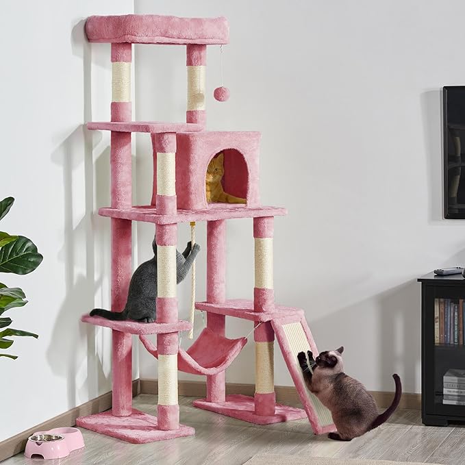 Yaheetech Cat Tree Cat Tower, 63in Multi-Level Kitten Tree w/Sisal-Covered Scratching Posts & Condo, Pet Furniture Activity Center for Kitty, Pink