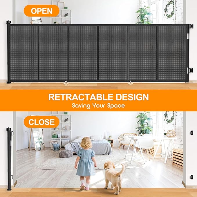 120 Inch Retractable Baby Gates Extra Wide, 41 Inch Reinforced Extra Tall Gate for Large Openings, Mesh Safety Gate for Kids Pets, Retractable Dog Gate for Stair Hallways Doorway Indoor Outdoor, Black