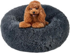 Calming Round Cute Cat & Dog Bed, Anti-Slip Washable Cozy Soft Round Pet Bed, Fluffy Faux Fur Plush Dog Cuddler Bed Fits up to 25 lbs Dogs and Cats(Donut Dark Grey, 24inch x 24inch)