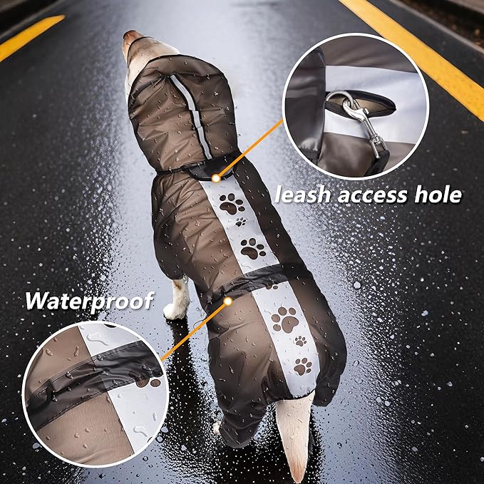 Olsa Dog Raincoat, Dog Hooded Slicker Poncho, 4 Legs Rain Jacket with Reflective Stripe, Transparent Water Proof Resistant Rain Snow Clothes for Small Medium Large (Black, 2XL)
