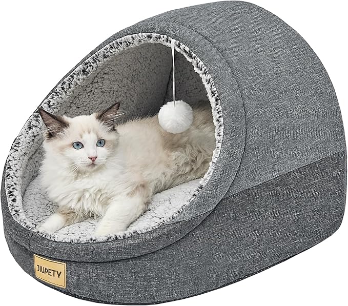 Jiupety Cute Cat Beds for Indoor Cats, Cat Cave Bed and Kitten Bed, Large Cat Cave and Covered Cat Bed with Anti-Slip Bottom, Washable Removable Cushion, M(16"x16"x13"), Dark Gray.