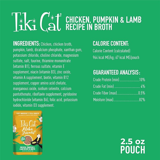 Tiki Cat Aloha Friends, Chicken, Pumpkin & Lamb, Grain-Free & High Moisture, Wet Cat Food for All Life Stages 2.5 oz. Pouch (12 Count)
