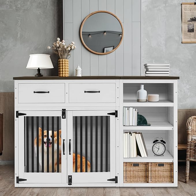 Lovupet Solid Wood Dog Crate Furniture, Medium Dog Cage with Adjustable Shelf and Storage Cabinet, 1775