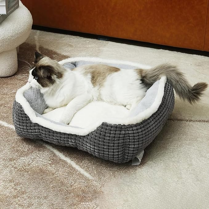 Dog Bed for Medium Size Dogs, Cute Cat Beds for Indoor Cats, Super Soft Washable Cat Bed with Anti-Slip & Water-Resistant Bottom, Luxury Durable Kitten Bed and Puppy Bed, Square Grey Animal Pet Beds