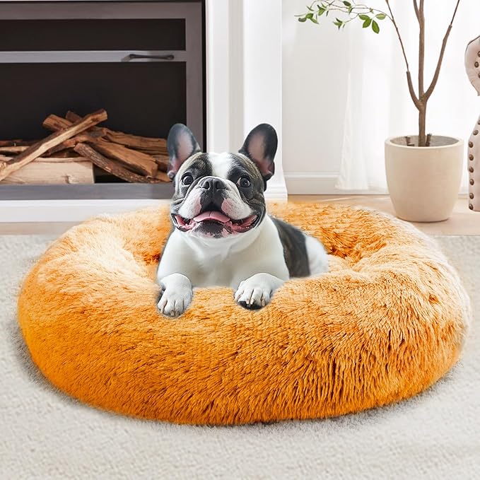 JOLLYVOGUE Calming Dog & Cat Bed for Small Dogs, Anti-Anxiety Donut Cuddler Cozy Soft Round Bed with Anti-Slip Bottom, Fluffy Faux Fur Plush Cushion Beds for Small Medium Pets (20")