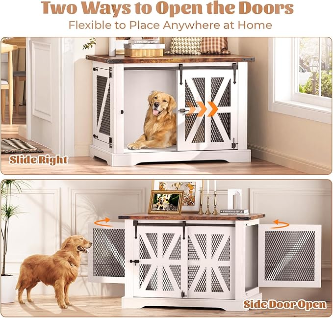 VOPEAK 40" Farmhouse Dog Crate Furniture, Heavy Duty Dog Crate for Medium Large Dogs, Dog Cage Dog Kennel Indoor with Double Doors, Chew Resistant End Table for Bedroom Living Room, White