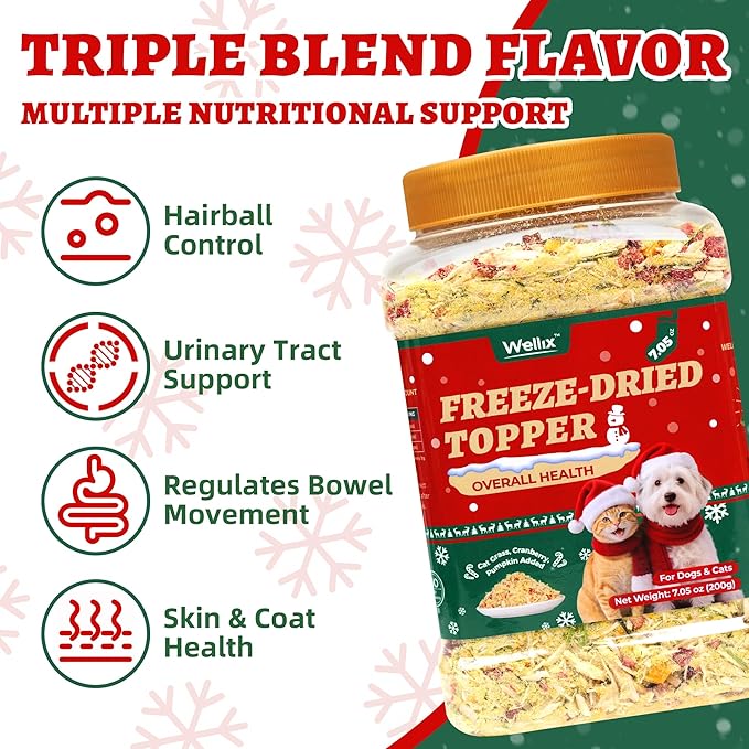 Wellix Cat Christmas Treats Freeze Dried for Cats&Dogs - High Protein Dog&Cat Food Topper 3 Ingredients Added (Cat Grass/Cranberry/Pumpkin) for Puppy or Kitten Treat 7.05oz