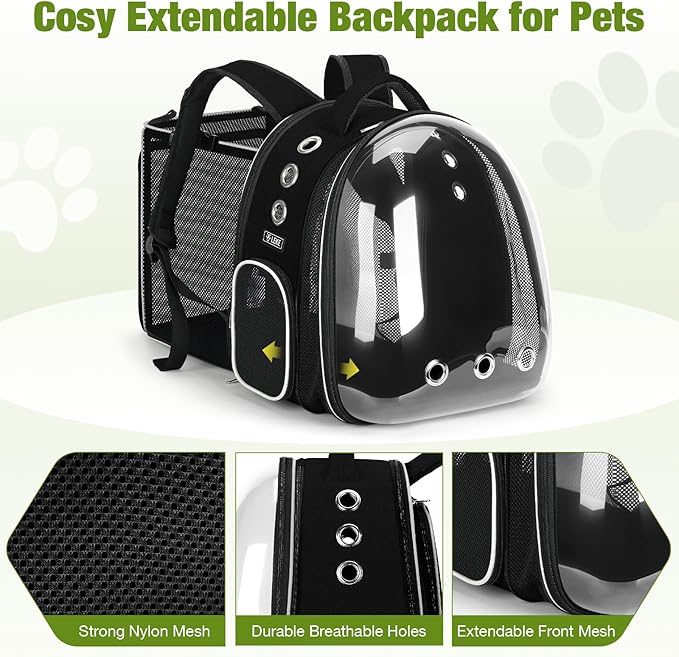 Lekereise Cat Backpack Carrier, Expandable Large Space Cat Bubble Backpack for Kitty Small Dog up to 18lbs, Transparent Pet Carrier for Travel, Hiking, Walking & Outdoor, Black