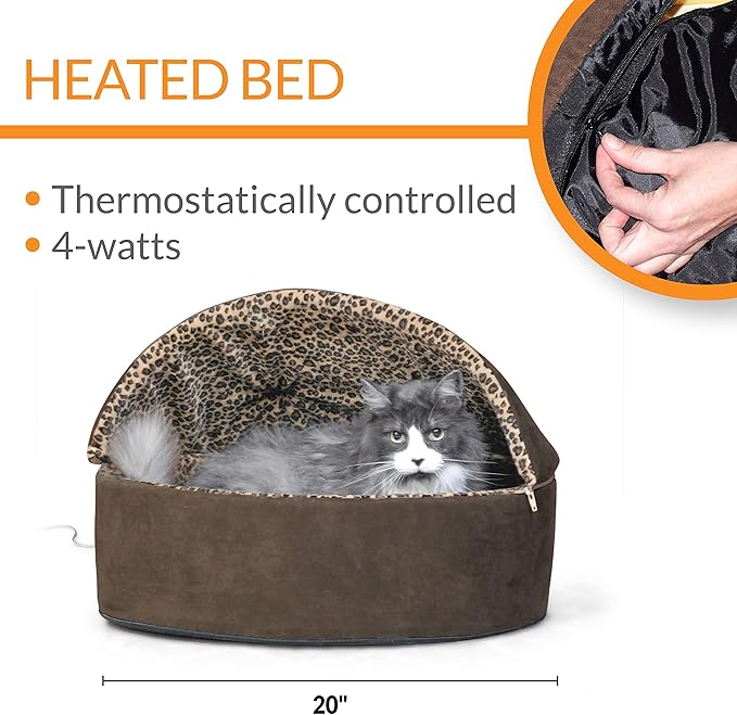 K&H Pet Products Thermo-Kitty Bed Deluxe Indoor Heated Cat Bed Mocha/Leopard Large 20 Inches