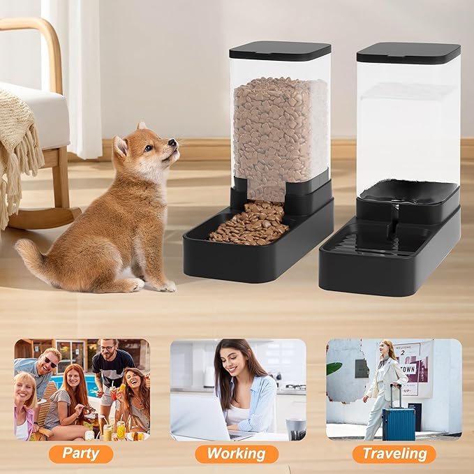 Automatic Cat Feeder and Water Dispenser in Set with Pet Food Bowl,Gravity Dog Waterer and Food Feeder for Small Medium Dog Cat Puppy Kitten Large Capacity(3.8L,Black)