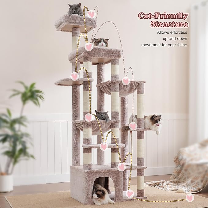 Heybly Heavy Duty Cat Tree, 71-Inch Tall Tower for Large Maine Coon with Extra-Large Baseboard, Cat Condo Furniture with Multi-Level Platforms, 2 Hammocks and 12 Scratching Posts, Muchroom HCT037MU