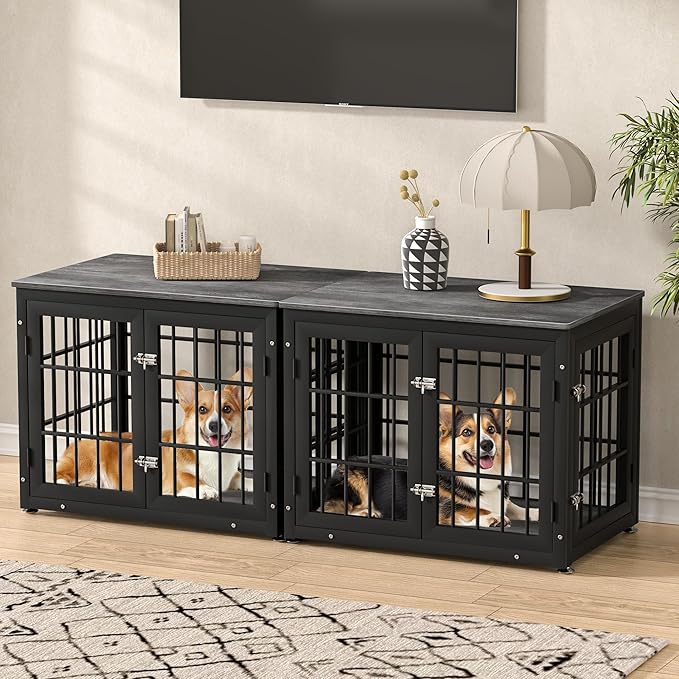 32 Inch Heavy Duty Dog Crate Furniture for Medium and Small Dogs, Decorative Pet House End Table, Wooden Cage Kennel Furniture Indoor, Gray