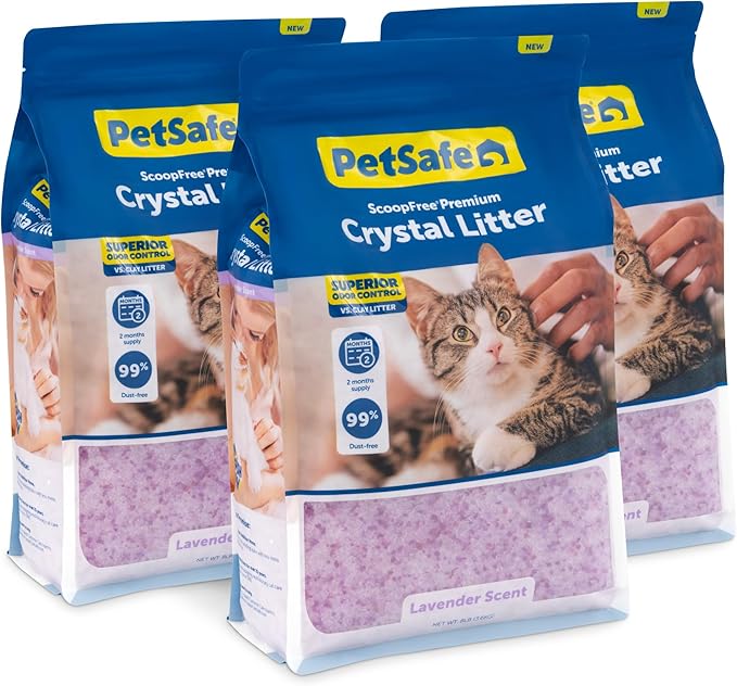 PetSafe ScoopFree Premium Crystal Cat Litter - Ultra-Absorbent Silica Universal Litterbox Crystals - Non-Clumping Odor Control - Lavender Scent - 8 lb Bag - 3 Pack