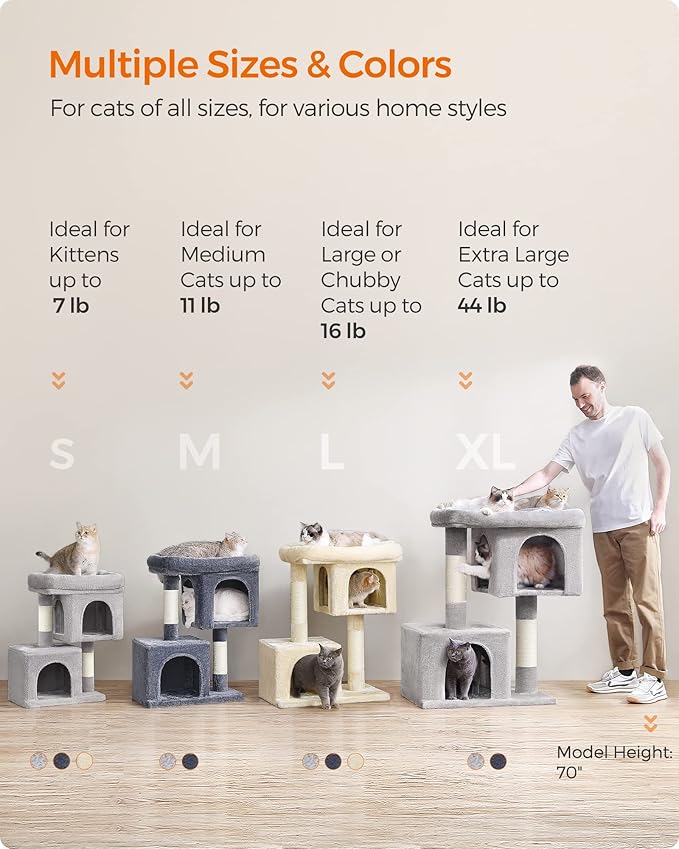Feandrea Cat Tree, 26.4-Inch Cat Tower, S, Cat Condo for Kittens up to 7 lb, Large Cat Perch, 2 Cat Caves, Scratching Post, Beige UPCT611M01