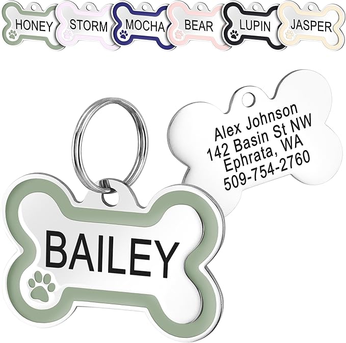 GoTags Stainless Steel Bone Dog Tag with Color Outline and Paw Print, Personalized Pet ID Tag for Dogs and Cats, Custom Engraving with up to 5 Lines of Text on Both Sides (Green, Small)