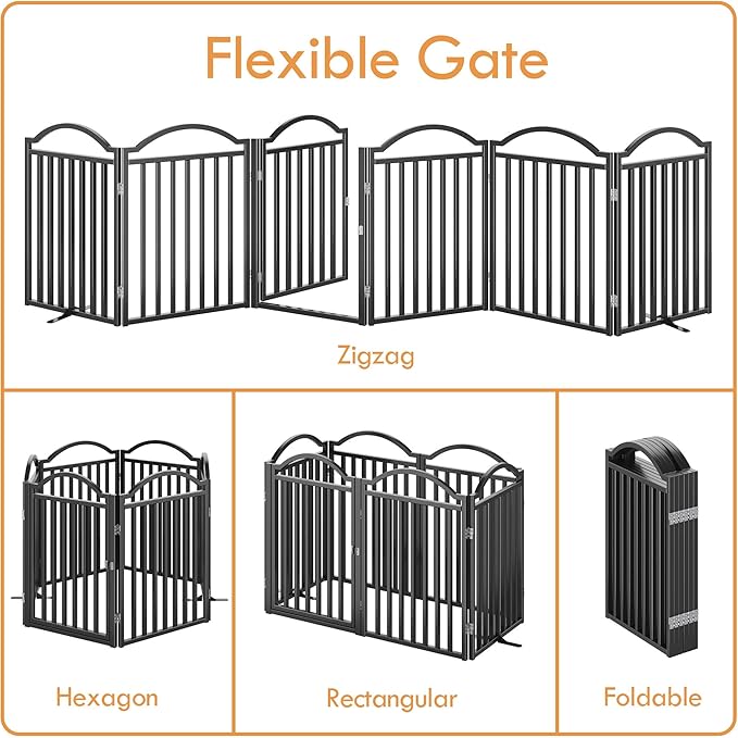 UDD Metal Folding Dog Gate Indoor 144" Extra Wide, 32" Tall Foldable Pet Gate with Door for Stairs Doorways Hallways Porch, Freestanding No Drilling Pet Fence for Dogs Puppy, Black 6-Panel