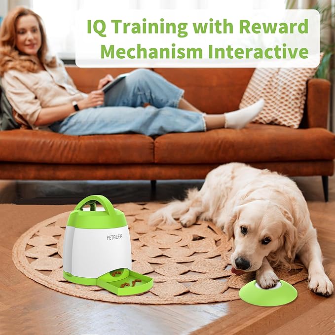 PETGEEK Automatic Dog Treat Dispenser with Button - Puzzle Memory Training Feeder, Pet Geek Button Treat Food Dispensing Toys Interactive, Iq Training Dog Feeder (Green)